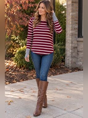 Wishful Park XL Burgundy Stripe Thumbhole Long Sleeve Tunic Top